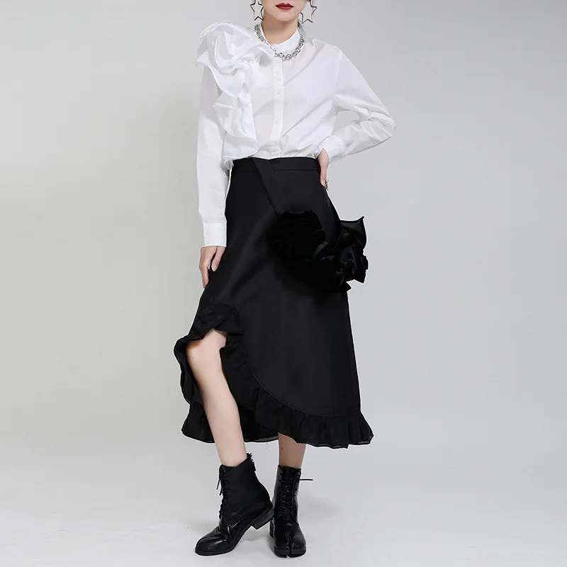

TVVOVVIN Female Spring Irregular Ruffles Spliced Pleated Laciness Shoulder Strap High Waist Mid-length Skirt IOMT