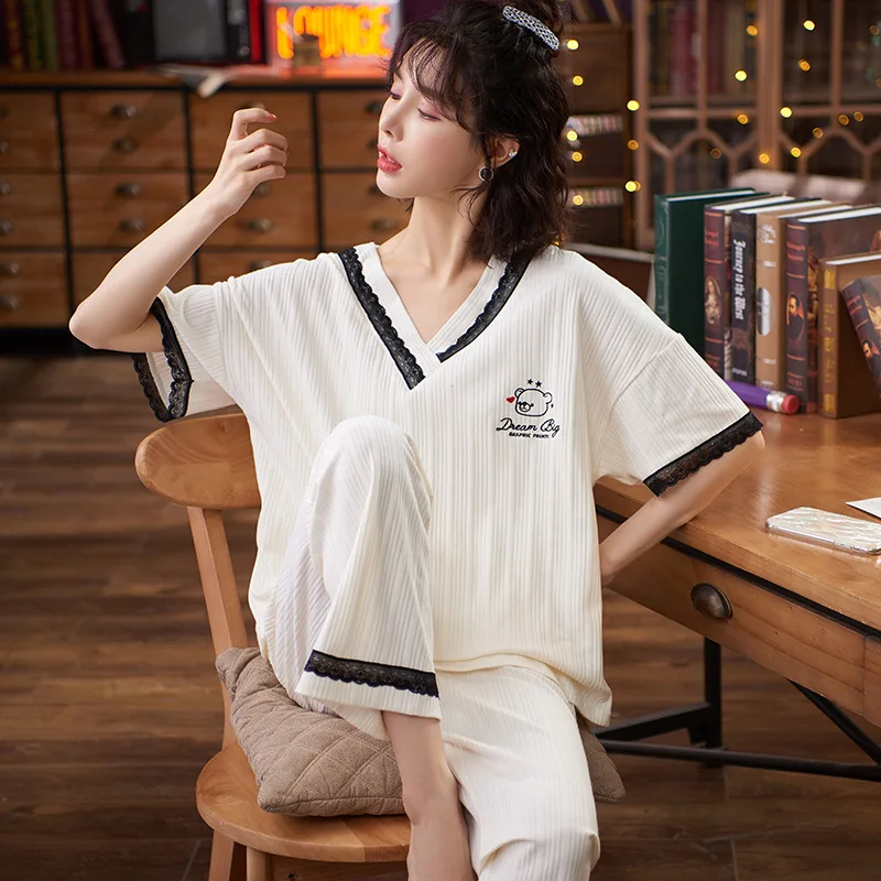 Summer V-Neck Black Lace Sexy Pajamas Set Cotton Women Nightwear Casual Plus Size Homewear Cartoon Little Bears Kawaii Sleepwear
Summer V-Neck Black Lace Sexy Pajamas Set Cotton Women Nightwear Casual Plus Size Homewear Cartoon Little Bears Kawaii Sleepwear