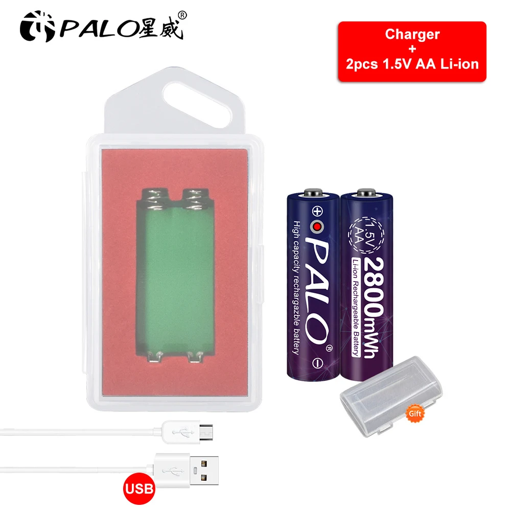 PALO 1.5V AA Li-ion Rechargeable Battery 2800mWh Lithium 1.5 Volts 2A Pre-charge Batteria for Thermometer+USB Charger
PALO 1.5V AA Li-ion Rechargeable Battery 2800mWh Lithium 1.5 Volts 2A Pre-charge Batteria for Thermometer+USB Charger