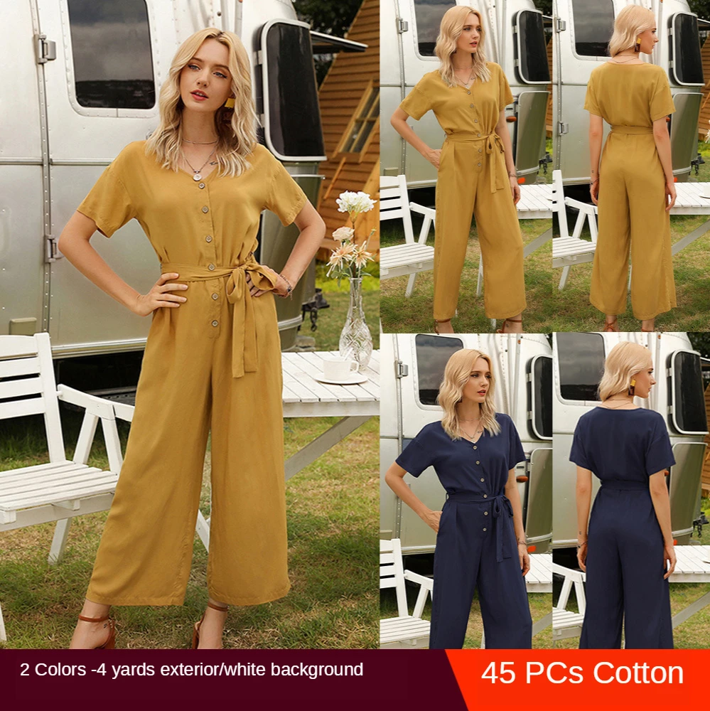 Women's Summer Solid Loose Vintage Short Sleeves Casual Jumpsuit V-neck High Quality Pants Waist with Belt Jumpsuits Overalls
Women's Summer Solid Loose Vintage Short Sleeves Casual Jumpsuit V-neck High Quality Pants Waist with Belt Jumpsuits Overalls