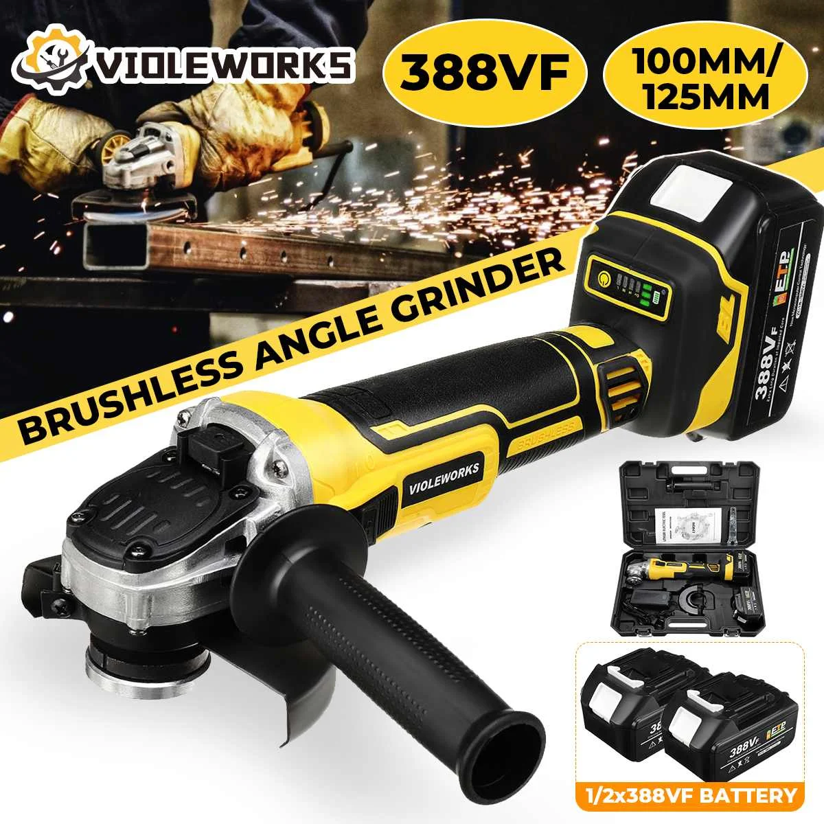 388VF 100/125mm Brushless Cordless Electric Angle Grinder Rechargeable Variable Speed Angle Grinder Tool With 1/2PC Battery
388VF 100/125mm Brushless Cordless Electric Angle Grinder Rechargeable Variable Speed Angle Grinder Tool With 1/2PC Battery
