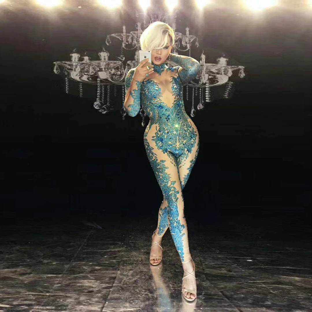 

Женский Блестящий Комбинезон с синими камнями, модный сексуальный танцевальный костюм, цельный комбинезон, одежда для ночного клуба, легги...