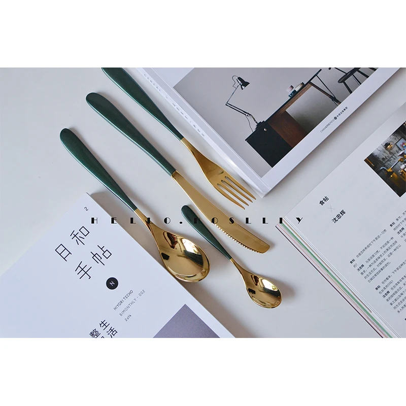 Nordic style gold + Green 304 stainless steel Western food fork spoon knife dessert spoon
Nordic style gold + Green 304 stainless steel Western food fork spoon knife dessert spoon