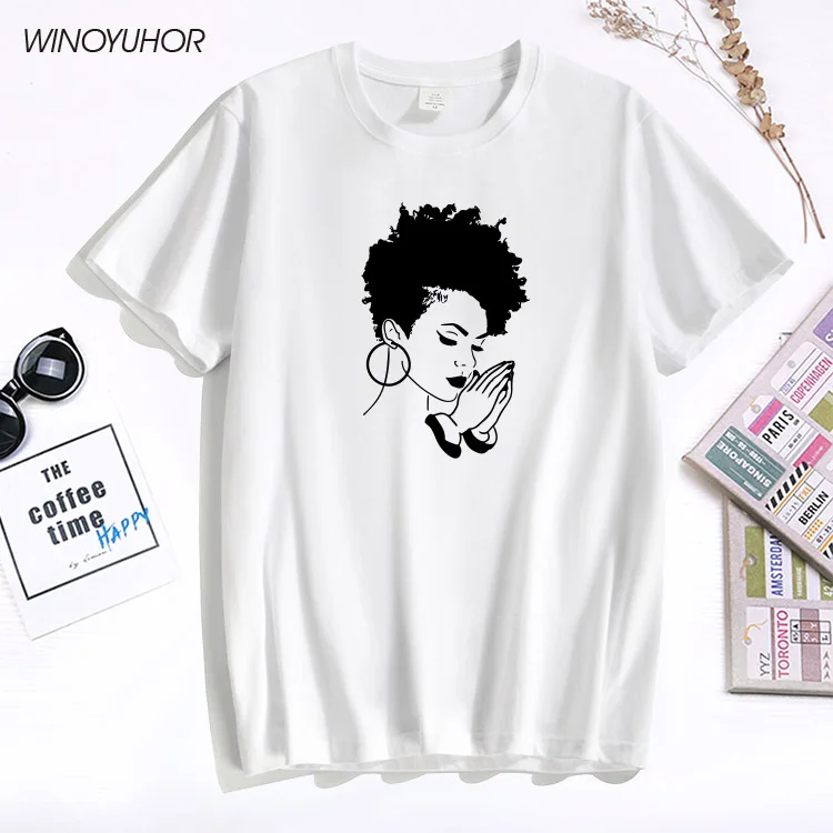 

Afro Woman Praying Print Women Tshirt Cotton Casual Funny T Shirt For Lady Girl Top Tee Fashion Short Sleeve T-shirt Drop Ship