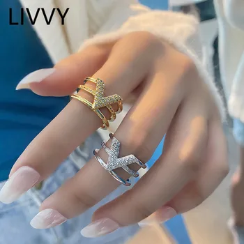 LIVVY Fashion Silver Color V-shape Three-layer Zircon Adjustable Rings For Woman Fashion High-end Trend Jewelry Accessories