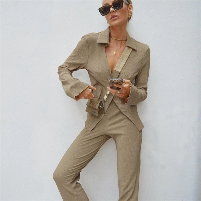 Khaki 2 Two Piece Set Women Autumn Clothing Turn Down Collar Long Sleeve Blouse Shirts Top and Pants Suits Elegant Women's Sets
Khaki 2 Two Piece Set Women Autumn Clothing Turn Down Collar Long Sleeve Blouse Shirts Top and Pants Suits Elegant Women's Sets
