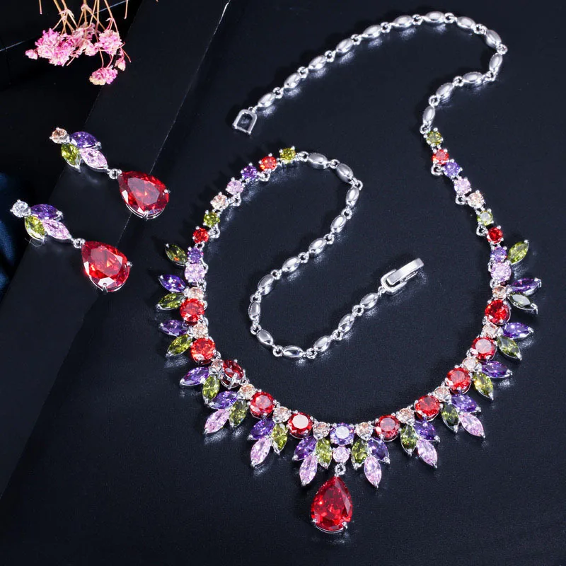 Deluxe Fashion Color Cubic Zirconia Water Drop Pendant Necklace And Earrings Two Piece Bridal Wedding Banquet Jewelry Sets
Deluxe Fashion Color Cubic Zirconia Water Drop Pendant Necklace And Earrings Two Piece Bridal Wedding Banquet Jewelry Sets