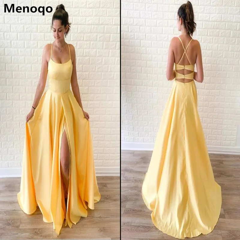 Sexy Yellow Evening Dresses Satin Spaghetti Straps Sleeveless A Line Sweep Train Women Party Gown With High Slit Robe De Soiree
Sexy Yellow Evening Dresses Satin Spaghetti Straps Sleeveless A Line Sweep Train Women Party Gown With High Slit Robe De Soiree