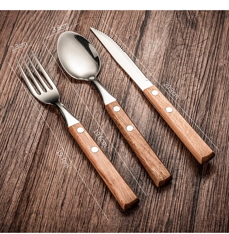 3pcs 304 Stainless Steel Creative Tableware Set Creative Wooden Handle Spoon Steak Knife Fork Spoon Dessert Spoon Set
3pcs 304 Stainless Steel Creative Tableware Set Creative Wooden Handle Spoon Steak Knife Fork Spoon Dessert Spoon Set