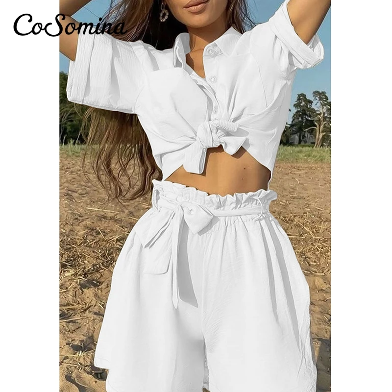 CoSomina Повседневный на шнуровке с коротким рукавом свободный женский короткий комплект летний белый черный однотонный с широкими штанинами ...
CoSomina Повседневный на шнуровке с коротким рукавом свободный женский короткий комплект летний белый черный однотонный с широкими штанинами ...