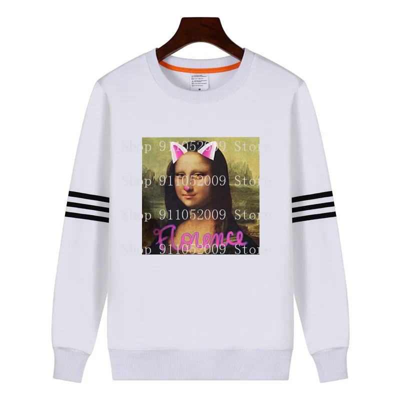 

Summer Spoof Mona Lisa Patterns Print Thick Warm Velvet Crewneck Pullover Women Hoody 3 Black Bars Sweatshirt