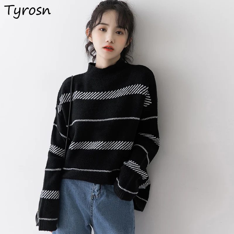 Half High Collar Pullovers Women Retro All-match Keep Warm Soft Loose-fit Long Sleeve Knitted Tops Design Striped Sweaters Mujer
Half High Collar Pullovers Women Retro All-match Keep Warm Soft Loose-fit Long Sleeve Knitted Tops Design Striped Sweaters Mujer