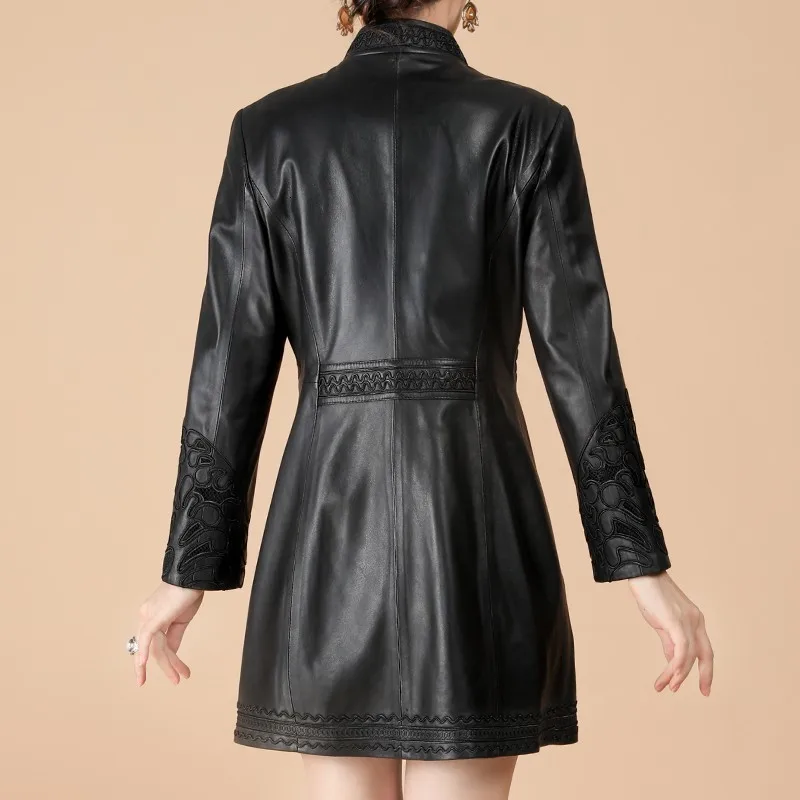 Autumn Genuine Leather Jacket Women Hollow Out Embroidery Slim Sheepskin Coat Office Lady Medium Long Windbreaker Plus Size 6XL