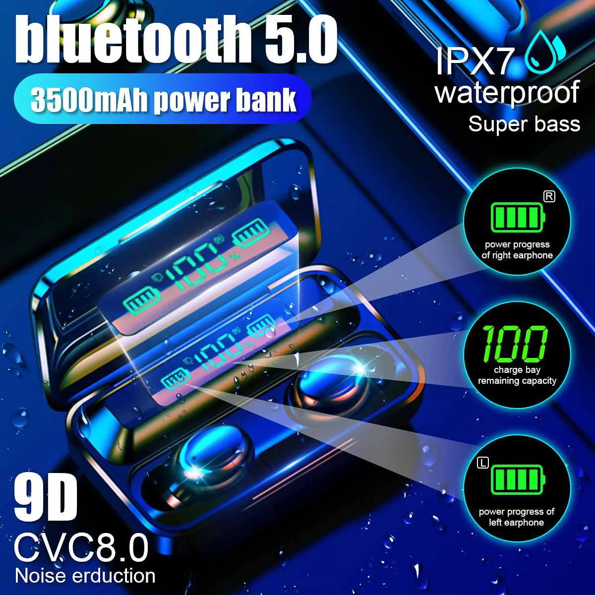 Bluetooth наушники TWS V5.0 сенсорные беспроводные 9D спортивная водонепроницаемая