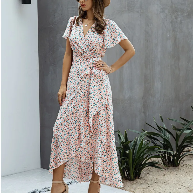 Women Floral Print Long Maxi Dress Summer Short Sleeve Ruffled Sashes Dresses Sexy Cross V-Neck Asymmetrical Boho Dress Femme 
Women Floral Print Long Maxi Dress Summer Short Sleeve Ruffled Sashes Dresses Sexy Cross V-Neck Asymmetrical Boho Dress Femme