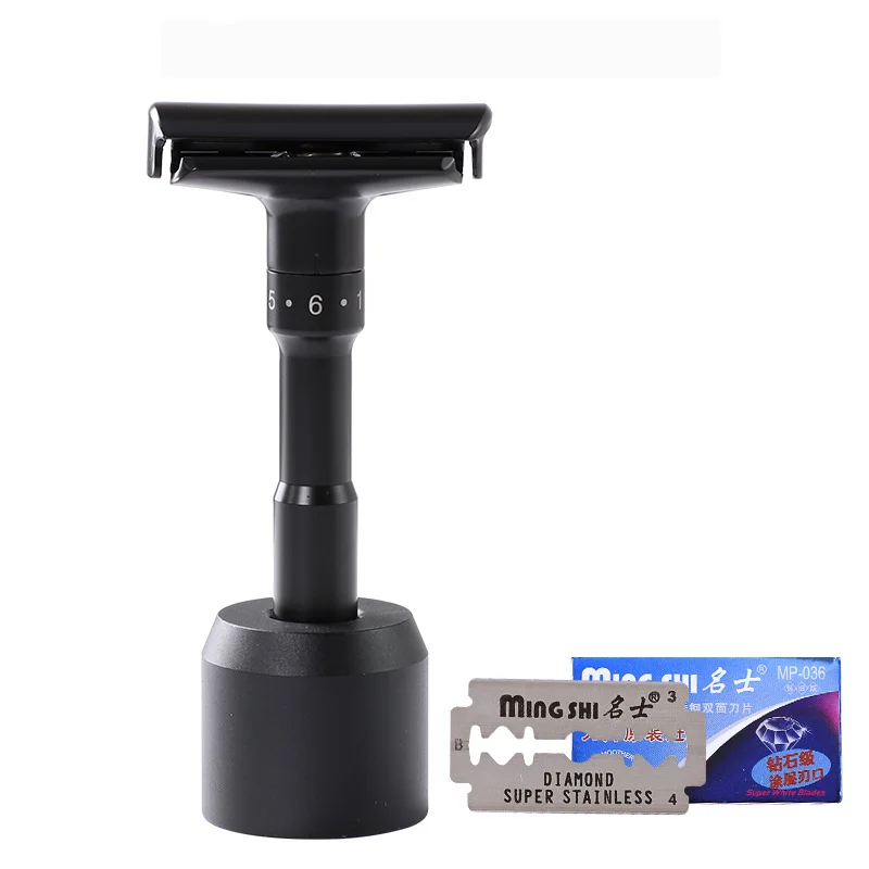 

WH Luxurious Black Adjustable Safety Razor Can Design Name on It Classic Stand Safety Razor Men Shaving 5 Gift Blades