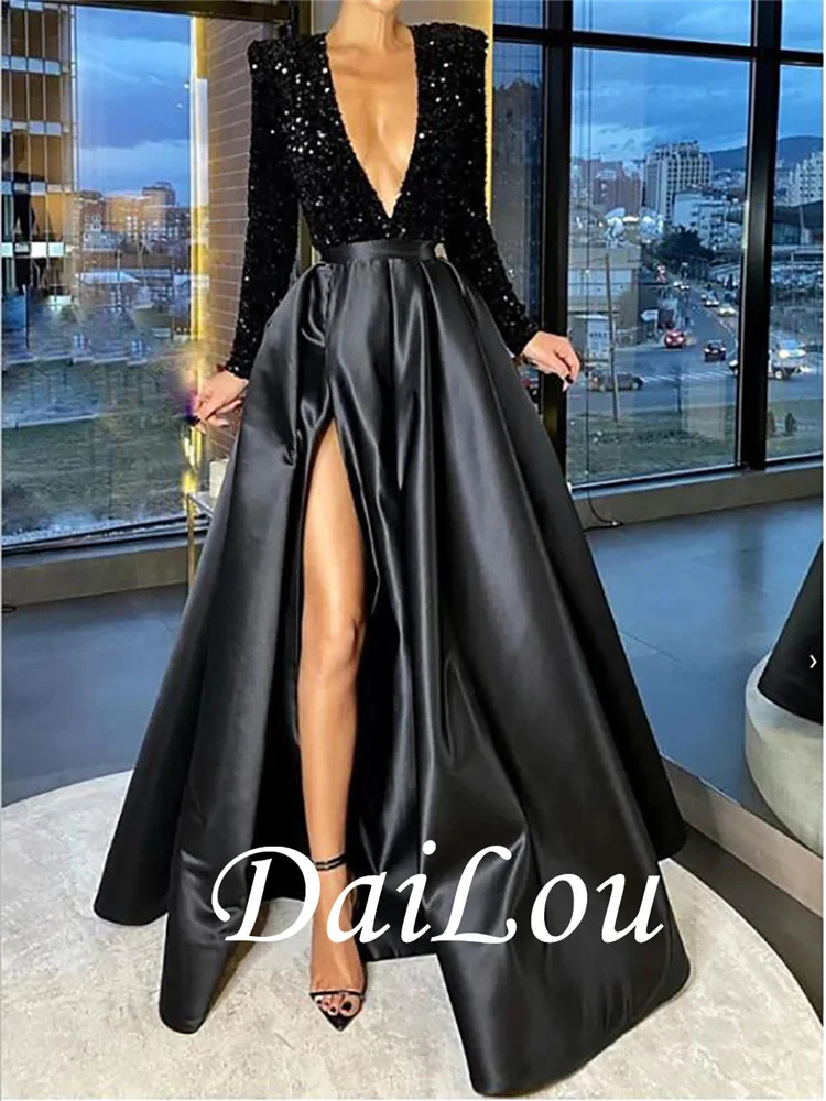 A-Line Sparkle Party Wear Formal Evening Dress V Neck Long Sleeve Floor Length Satin Sequin with Crystals Split 2021
A-Line Sparkle Party Wear Formal Evening Dress V Neck Long Sleeve Floor Length Satin Sequin with Crystals Split 2021