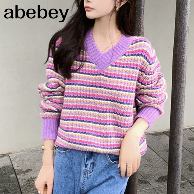 Rainbow Women Knitted Sweater Fashion Pullovers Ladies Winter Loose Sweater V Neck Women Jumper Sueter Mujer
Rainbow Women Knitted Sweater Fashion Pullovers Ladies Winter Loose Sweater V Neck Women Jumper Sueter Mujer