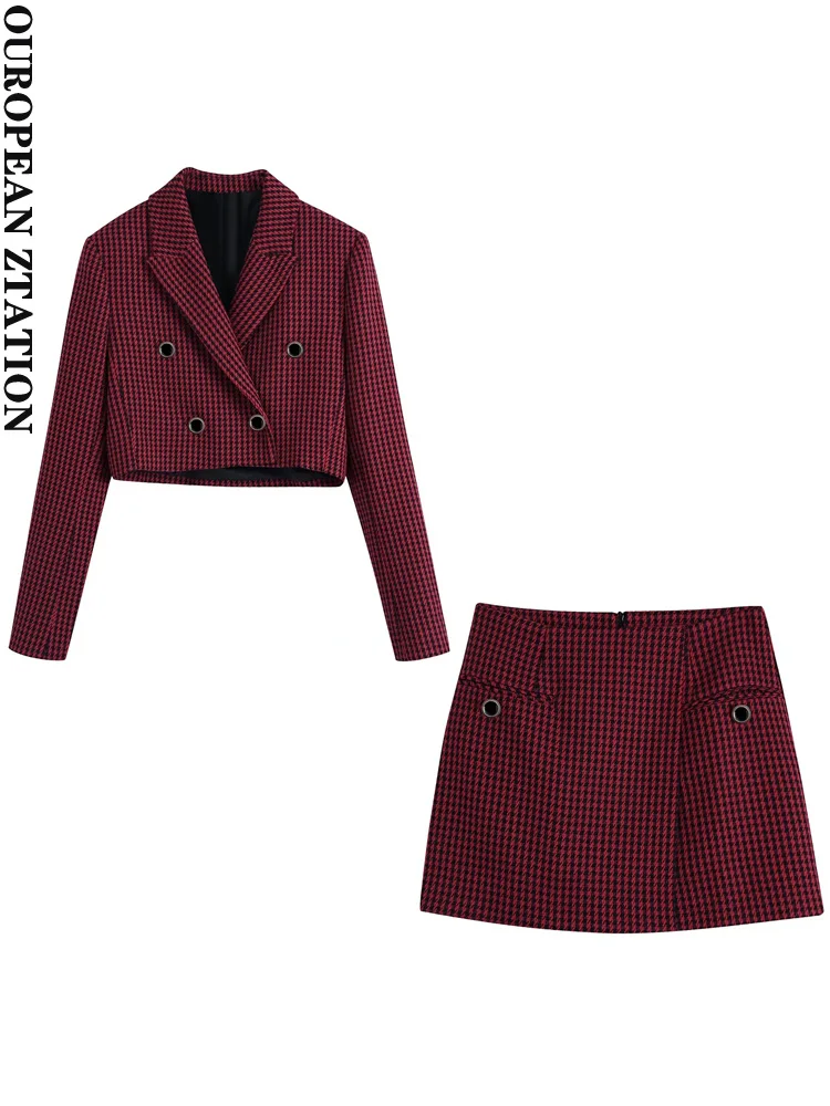 PAILETE Women fashion double-breasted button cropped houndstooth blazer coat and high-waist houndstooth mini skirt
PAILETE Women fashion double-breasted button cropped houndstooth blazer coat and high-waist houndstooth mini skirt