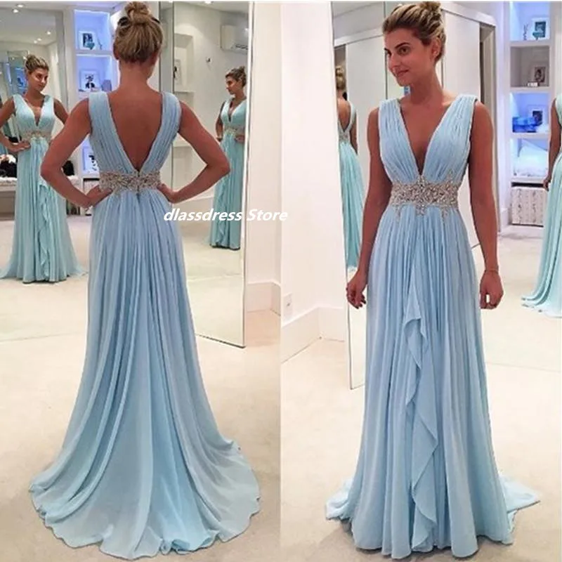 Light Sky Blue Chiffon Prom Dresses Plunging V Neck Pleated Crystal Beaded Evening Gowns Backless Prom Dress Vestidos De Noche
Light Sky Blue Chiffon Prom Dresses Plunging V Neck Pleated Crystal Beaded Evening Gowns Backless Prom Dress Vestidos De Noche