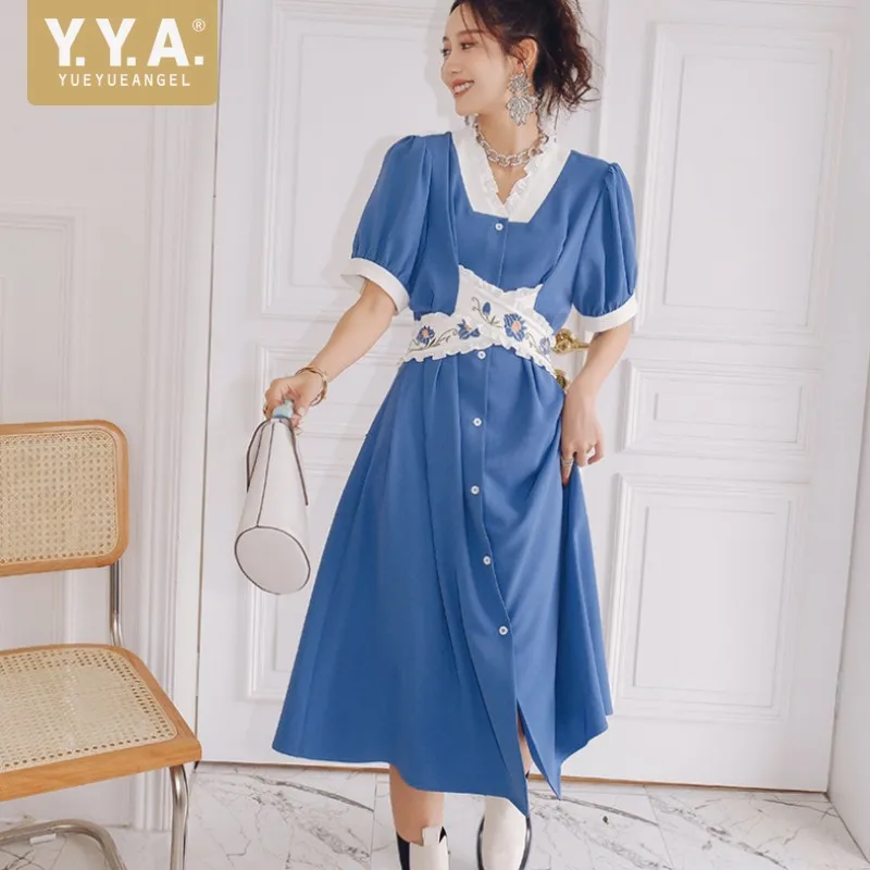 Blue High Waist Vintage Dress Women Designer Embroidery Sashes Ruffle V Neck Single Breasted Dresses Short Sleeve Casual Dress
Blue High Waist Vintage Dress Women Designer Embroidery Sashes Ruffle V Neck Single Breasted Dresses Short Sleeve Casual Dress
