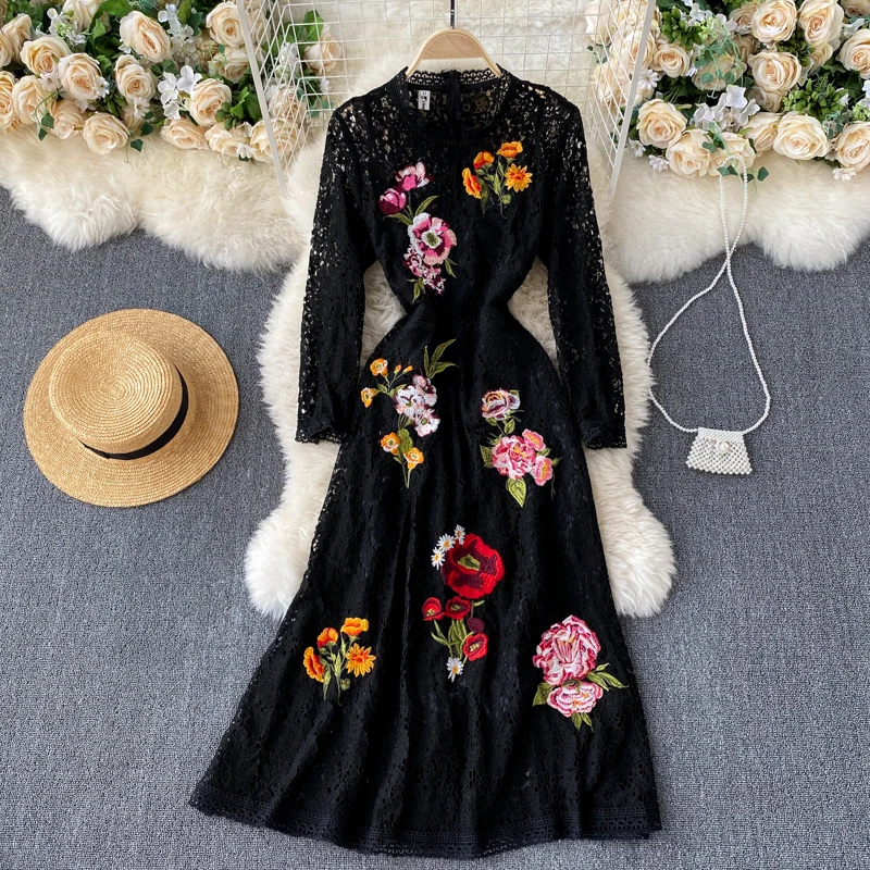 Женское винтажное платье с вышивкой, черное элегантное ажурное платье с круглым вырезом и длинным рукавом, Осень-зима
Женское винтажное платье с вышивкой, черное элегантное ажурное платье с круглым вырезом и длинным рукавом, Осень-зима