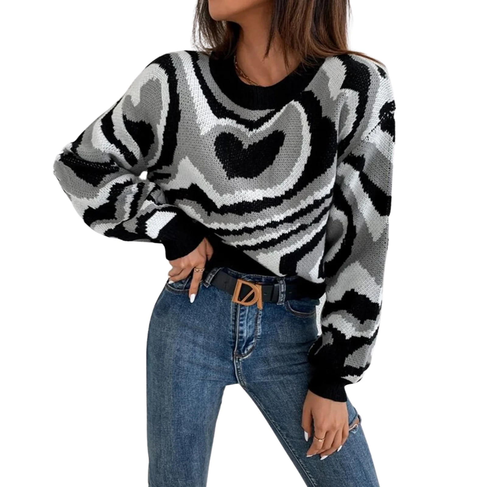 Girls Long Sleeve Knitwear Autumn Winter Ladies Contrast Color Heart Stripes Round Collar Loose Short Sweater Knitted Tops 
Girls Long Sleeve Knitwear Autumn Winter Ladies Contrast Color Heart Stripes Round Collar Loose Short Sweater Knitted Tops