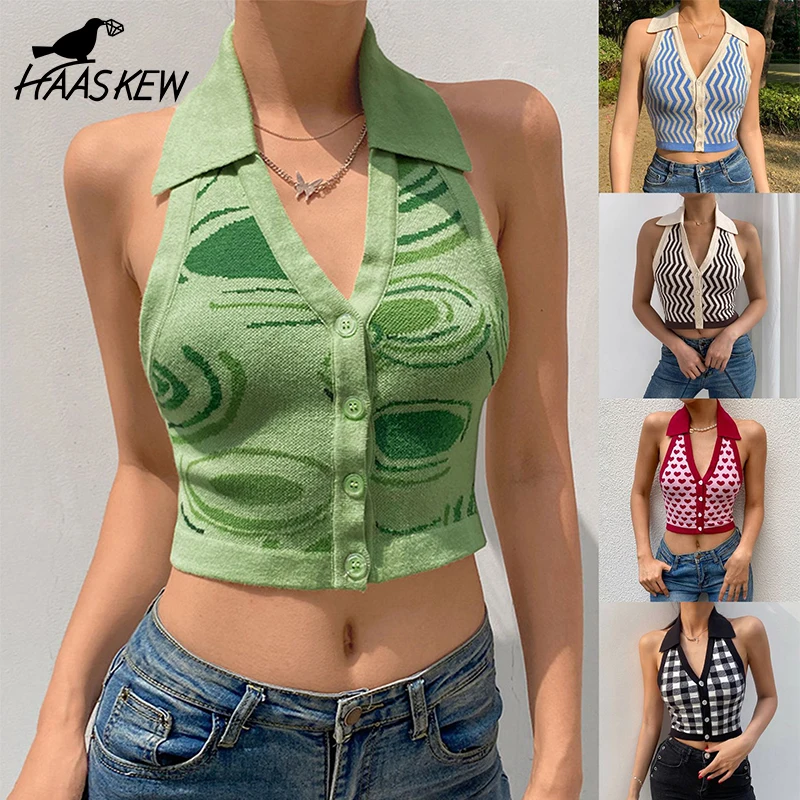 HAASKEW Heart Print Sleeveless Halter Knit Crop Tops Ladies Sexy Backless Tanks Camis Women Vest Summer Knitwear Streetwear
HAASKEW Heart Print Sleeveless Halter Knit Crop Tops Ladies Sexy Backless Tanks Camis Women Vest Summer Knitwear Streetwear