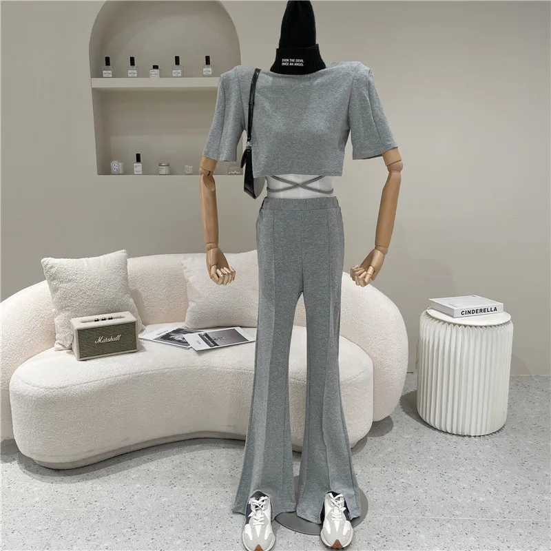 Niche Design Two Piece Set Women Spring Summer 2021 Fashion Tight High Waist Rope Jacket + Open And Drooping Casual Flared Pants