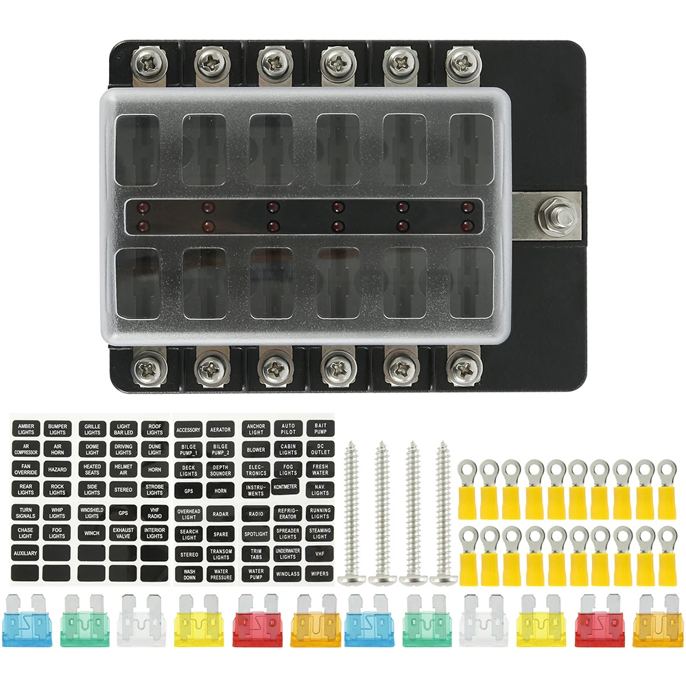 Car Fuses Box 12 Ways Blade Fuse Set Holder Block with LED Indicator 5/10/15/20/25/30A for Boat Car Truck Marine
Car Fuses Box 12 Ways Blade Fuse Set Holder Block with LED Indicator 5/10/15/20/25/30A for Boat Car Truck Marine