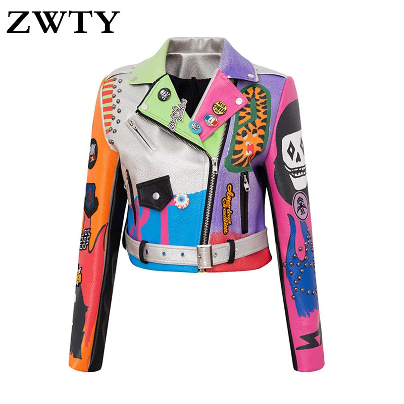 ZWTY women men rivet beading pu leather jacket hit color streetstyle Graffiti outerwear letters printed leather jackets S-3XL 
ZWTY women men rivet beading pu leather jacket hit color streetstyle Graffiti outerwear letters printed leather jackets S-3XL