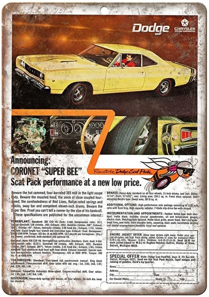 Оловянная вывеска Dodge Coronet Super Bee Car, настенное украшение, винтажная алюминиевая металлическая вывеска в стиле ретро
Оловянная вывеска Dodge Coronet Super Bee Car, настенное украшение, винтажная алюминиевая металлическая вывеска в стиле ретро