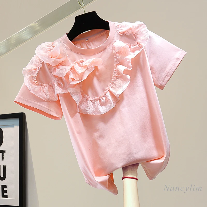 T Shirt Woman 2021 Summer Korean Style Loose Crew Neck Top Personality Ruffled Stitching Solid Color Casual Short Sleeve Tee
T Shirt Woman 2021 Summer Korean Style Loose Crew Neck Top Personality Ruffled Stitching Solid Color Casual Short Sleeve Tee