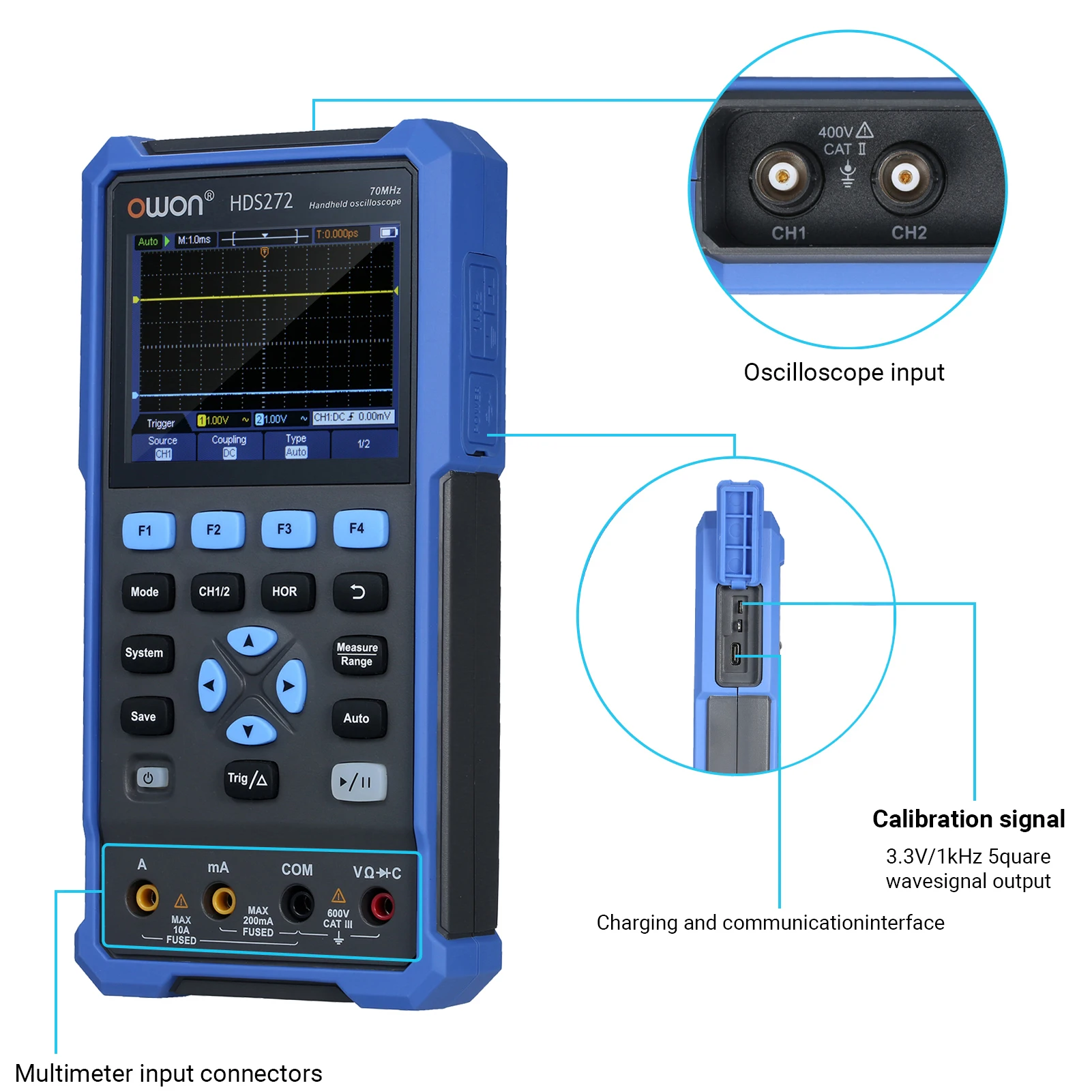 2-in-1 Oscilloscope Multimeter 2 Channels Lab Digital True-RMS with 70 MHz Bandwidth 250MSa/s Sample Rate 3.5-Inch | Инструменты