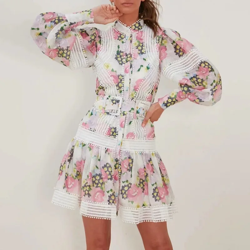 Elegant Pink Floral Printed Vacation Mini Dresses for Women Runway Designer Stand Collar Lace Patchwork Sashes 2021 Autumn Style
Elegant Pink Floral Printed Vacation Mini Dresses for Women Runway Designer Stand Collar Lace Patchwork Sashes 2021 Autumn Style