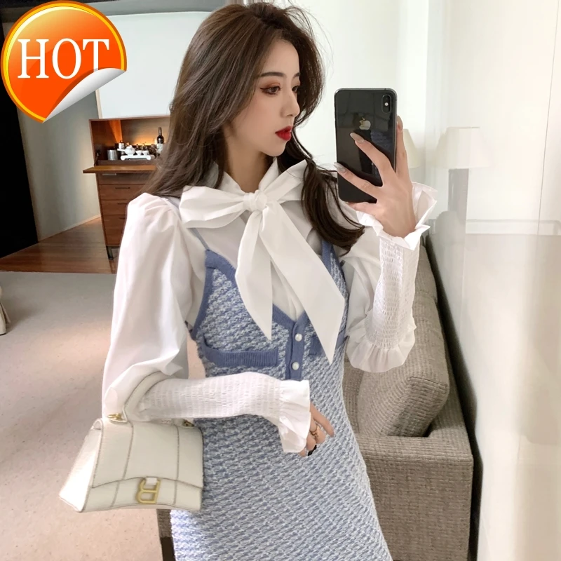 2021 spring new bowknot bandage versatile shirt slim knitting suspender two piece dress
2021 spring new bowknot bandage versatile shirt slim knitting suspender two piece dress