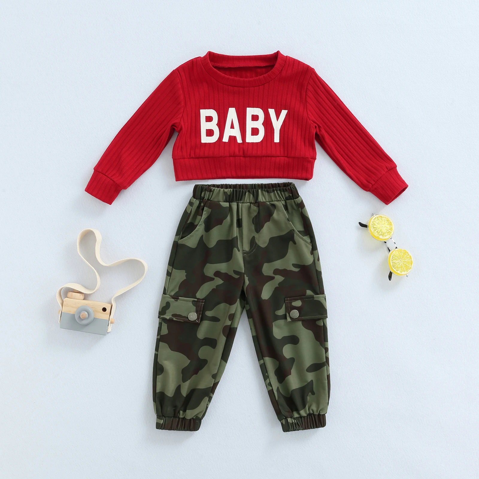 1-6 Years Little Girl Outfits Sets, Round Neck Long Sleeve Letter Rib Knit Crop Tops with Elastic Waist Camouflage Pant Suits
1-6 Years Little Girl Outfits Sets, Round Neck Long Sleeve Letter Rib Knit Crop Tops with Elastic Waist Camouflage Pant Suits