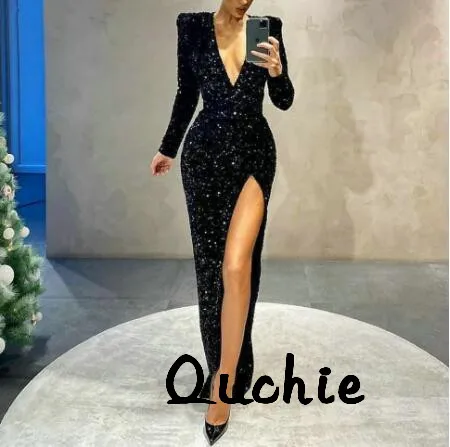 Deep V High Slit Sequins Evening Dresses Long Sleeves Special Occasion Party Dress robe soiree Prom Gown Custom
Deep V High Slit Sequins Evening Dresses Long Sleeves Special Occasion Party Dress robe soiree Prom Gown Custom