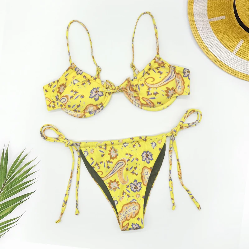 Sexy Yellow Bow Underwired Bikini 2022 Women Ribbed Swimsuit Women High Cut Bandage Bathing Suit Thong Swimwear Biquini Print 
Sexy Yellow Bow Underwired Bikini 2022 Women Ribbed Swimsuit Women High Cut Bandage Bathing Suit Thong Swimwear Biquini Print