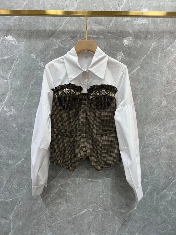 2022 new women fashion lapel chest symmetrical nail diamond color matching stitching plaid long-sleeved all-match top 1213
2022 new women fashion lapel chest symmetrical nail diamond color matching stitching plaid long-sleeved all-match top 1213
