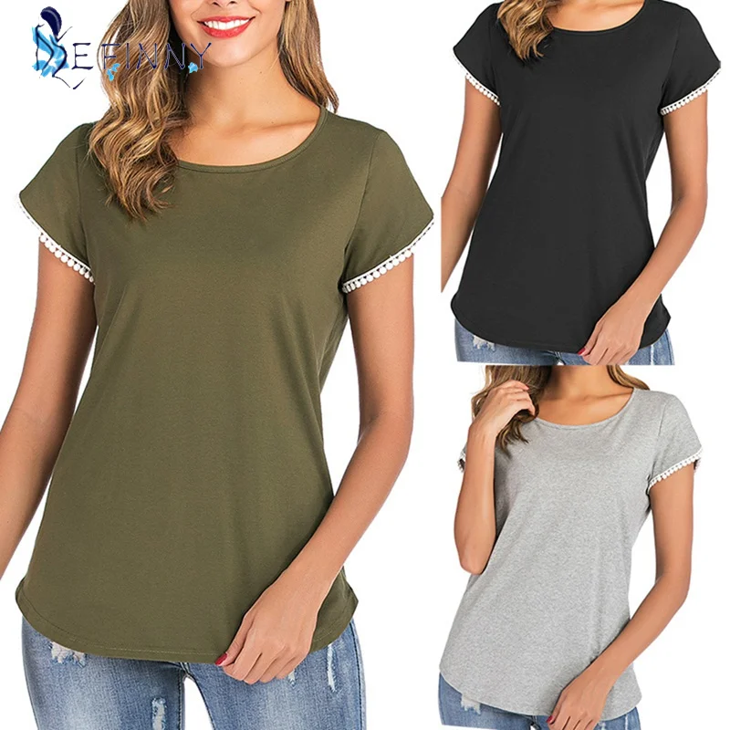 Summer Casual Cotton Tshirt Solid Color Short Sleeve T Shirt Women Tops O-neck Black Tees Female Tassel Sleeve T-shirts
Summer Casual Cotton Tshirt Solid Color Short Sleeve T Shirt Women Tops O-neck Black Tees Female Tassel Sleeve T-shirts