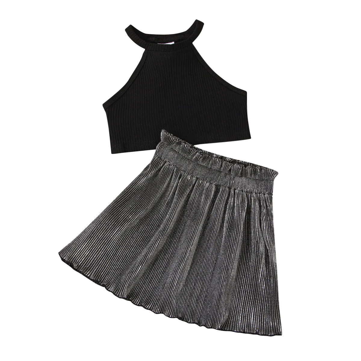 European and American Kids Baby Girls Clothing Solid Pit Strip Halter Neck Crop Top + Silver Lace Waist Pleated Skirt Suit 2pcs | Детская