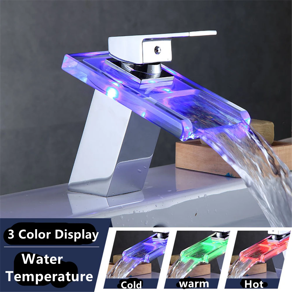 Bathroom Faucet with LED Light Flat Mouth Waterfall Basin Faucets Wash Sink Glass Taps 3 Colors Change Kitchen Hot Cold Mixer
Bathroom Faucet with LED Light Flat Mouth Waterfall Basin Faucets Wash Sink Glass Taps 3 Colors Change Kitchen Hot Cold Mixer