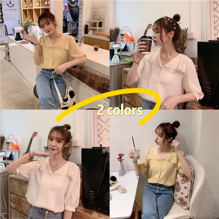 Summer Style Shirts Loose Peter Pan Collar Korean Women's Clothing Loose Lace Up Kawaii Blouses Fashion Brand Sweet New 2021
Summer Style Shirts Loose Peter Pan Collar Korean Women's Clothing Loose Lace Up Kawaii Blouses Fashion Brand Sweet New 2021