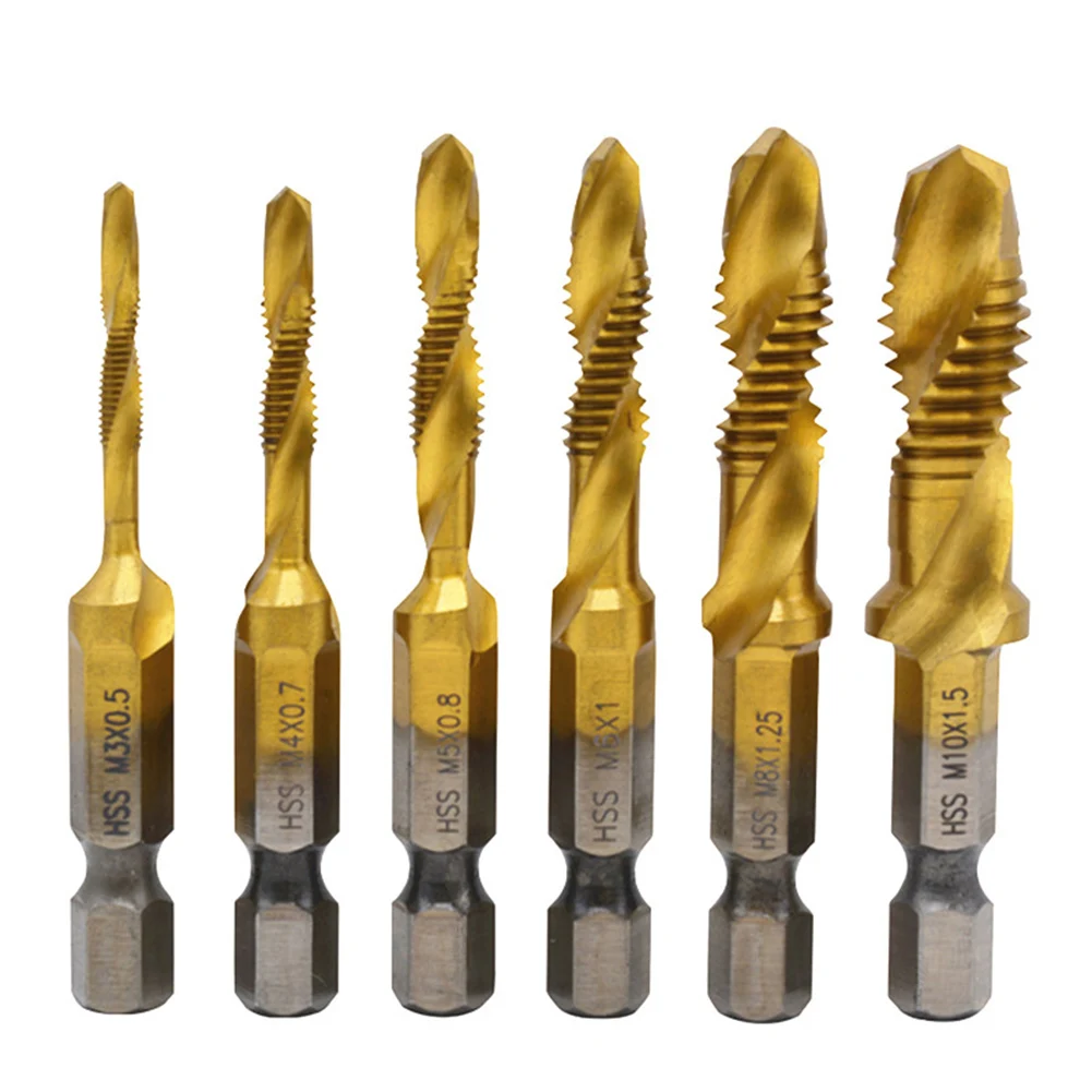 6Pcs M3-M10 Hex Shank Titanium Plated HSS Screw Thread Metric Tap Drill Bits Hand tools Screw Tap Bit Set Dropshipping 
6Pcs M3-M10 Hex Shank Titanium Plated HSS Screw Thread Metric Tap Drill Bits Hand tools Screw Tap Bit Set Dropshipping