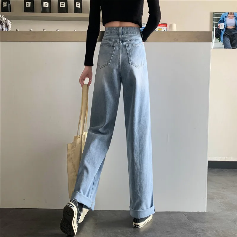 INS XINGX Embroidered High Waist Jeans for Women 2021new Spring Loose Drooping Wide-Leg Pants Fashionable Ins Trousers