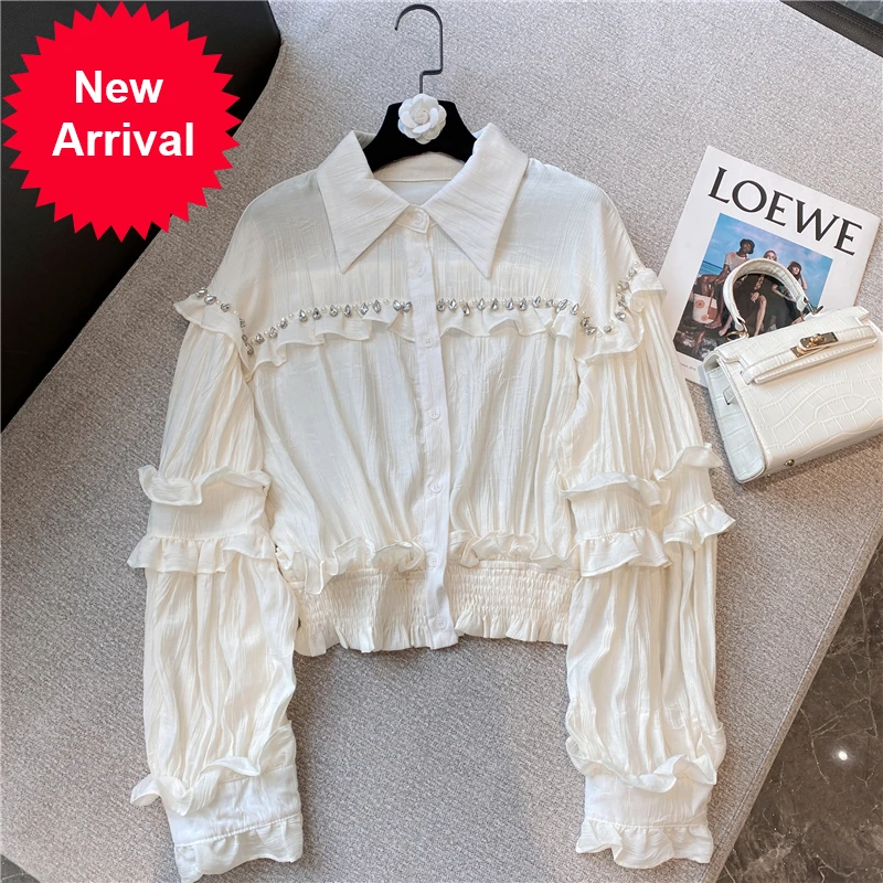 Short Women Blouses 2021 Autumn and Winter New Retro Slimming Rhinestone Lace Lantern Sleeve Solid Color Shirt Top Femme
Short Women Blouses 2021 Autumn and Winter New Retro Slimming Rhinestone Lace Lantern Sleeve Solid Color Shirt Top Femme