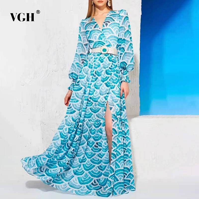 VGH Blue Print Elegant Dress For Women V Neck Lantern Long Sleeve High Waist Sashes Slim Split Maxi Dresses Female 2021 Spring
VGH Blue Print Elegant Dress For Women V Neck Lantern Long Sleeve High Waist Sashes Slim Split Maxi Dresses Female 2021 Spring