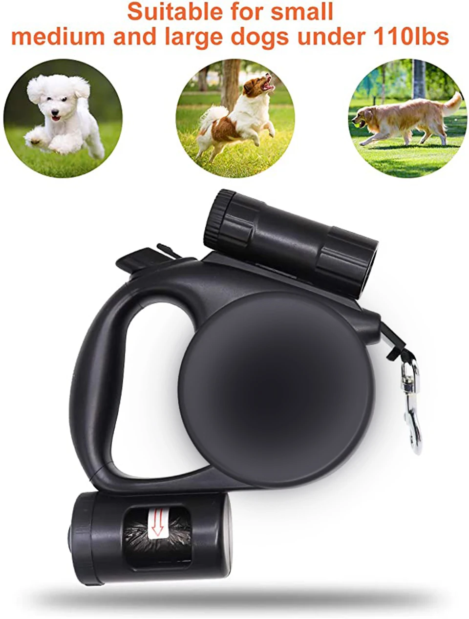 4.5m Retractable Dog Leash,Auto Traction Ropes,Adjustable Leash,Tangle Free,One-Hand Brake,Pet Leash with Light&Pooping Bag
4.5m Retractable Dog Leash,Auto Traction Ropes,Adjustable Leash,Tangle Free,One-Hand Brake,Pet Leash with Light&Pooping Bag