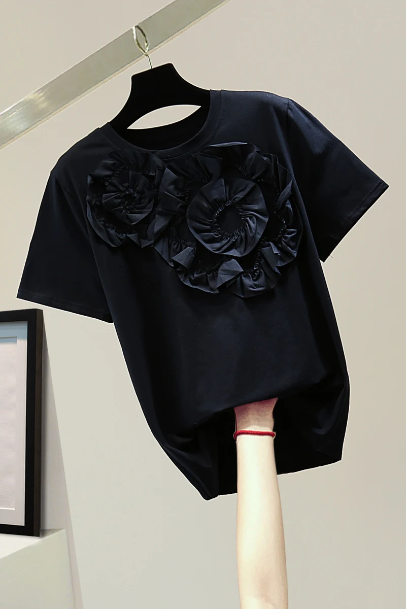 2021 Summer Loose T Shirt Top Three-Dimensional Flower Solid Color Short Sleeve Casual All-Match T-shirt Woman Black T-shirt Tee
2021 Summer Loose T Shirt Top Three-Dimensional Flower Solid Color Short Sleeve Casual All-Match T-shirt Woman Black T-shirt Tee